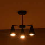 Ambient warm glow from 3 light brass and black ceiling chandelier in dark interior setting