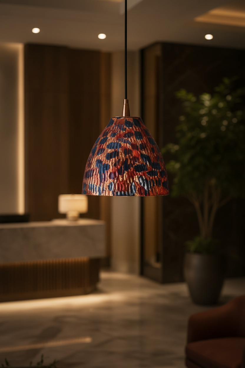 Copper dome pendant lamp shown illuminated with warm downward glow and bold red blue patterned finish