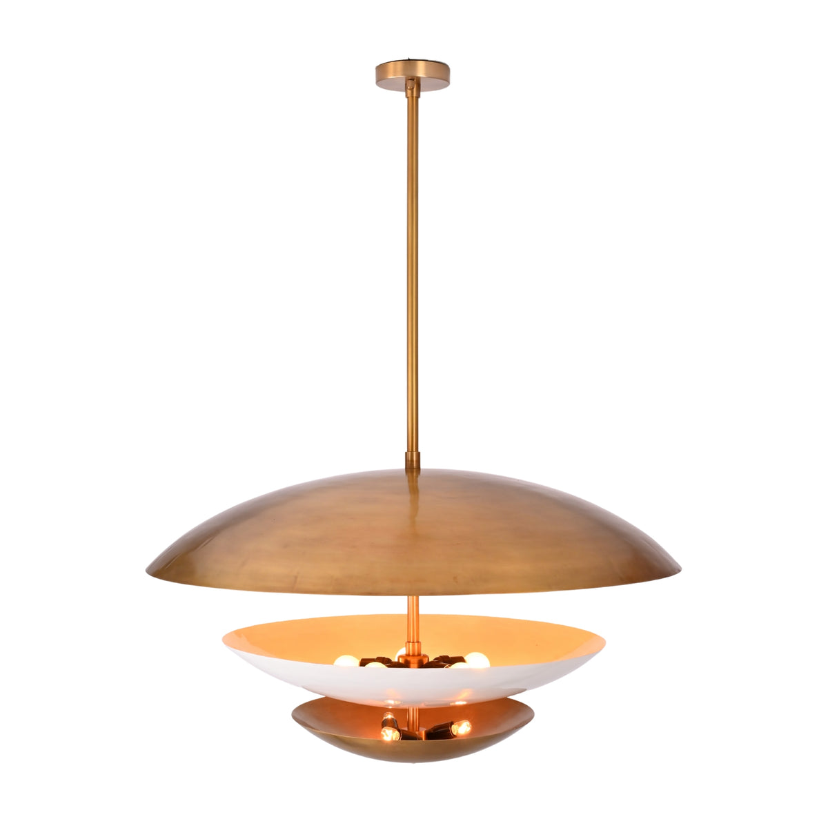 Disc pendant light glowing warmly with layered bowl shades for bedroom, dining room, and living room lighting