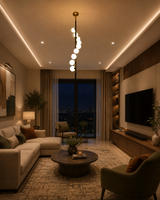 Closeup of vertical globe chandelier with glowing round shades and elegant black-and-brass ceiling-mounted design
