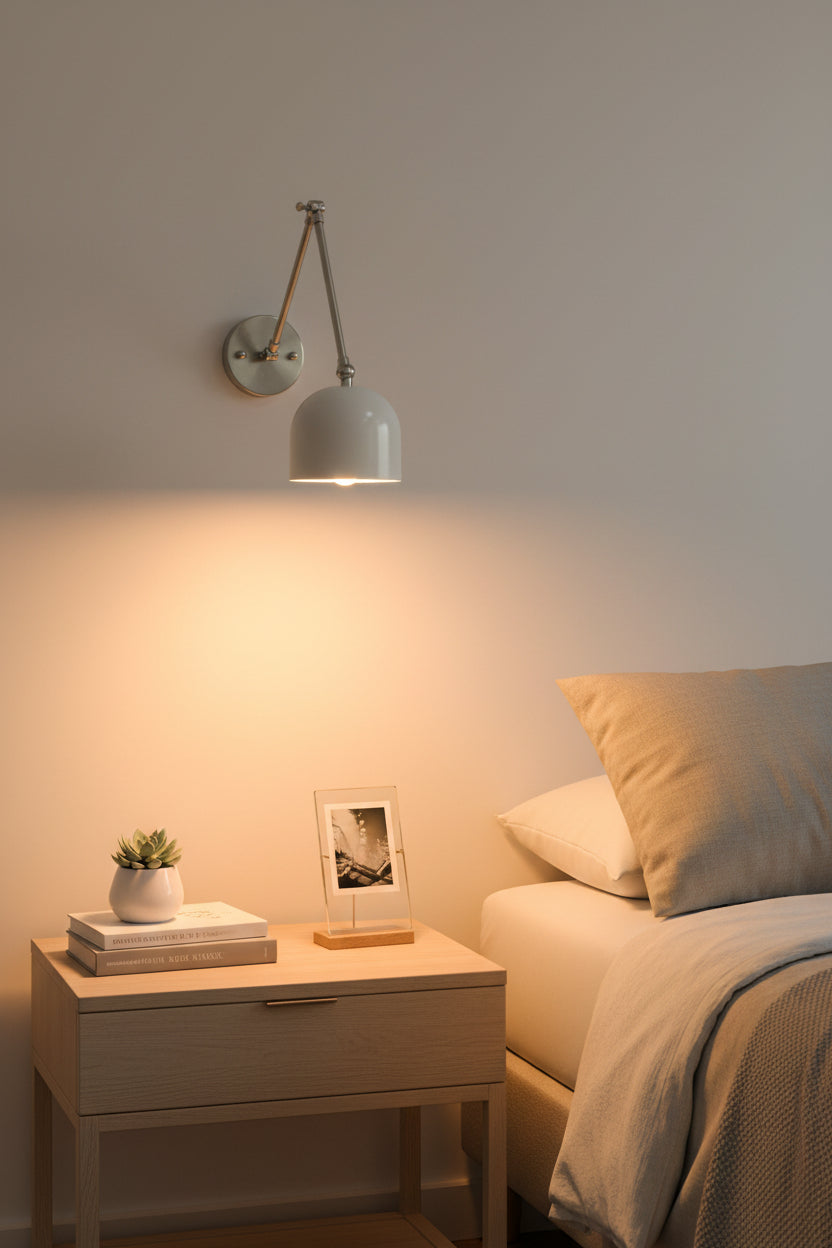White dome brass wall sconce with adjustable jointed arm, round backplate, and clean modern reading light design