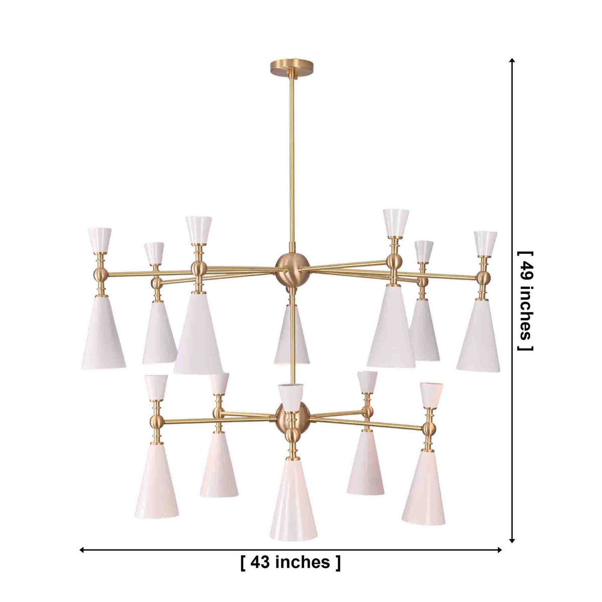 White enamel cone chandelier with brushed brass arms creating warm ceiling lighting for a refined living room space