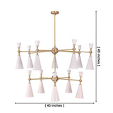White enamel cone chandelier with brushed brass arms creating warm ceiling lighting for a refined living room space