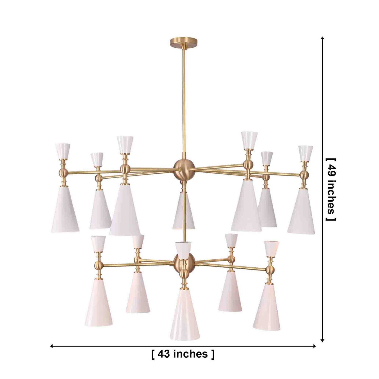 Size guide for Celeste 12-Light Two-Tier Cone Chandelier – White Enamel & Brushed Brass – Model 33382