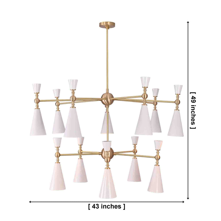 Brass Leaf Studio two-tier chandelier with twelve cone shades arranged in a balanced modern ceiling light design