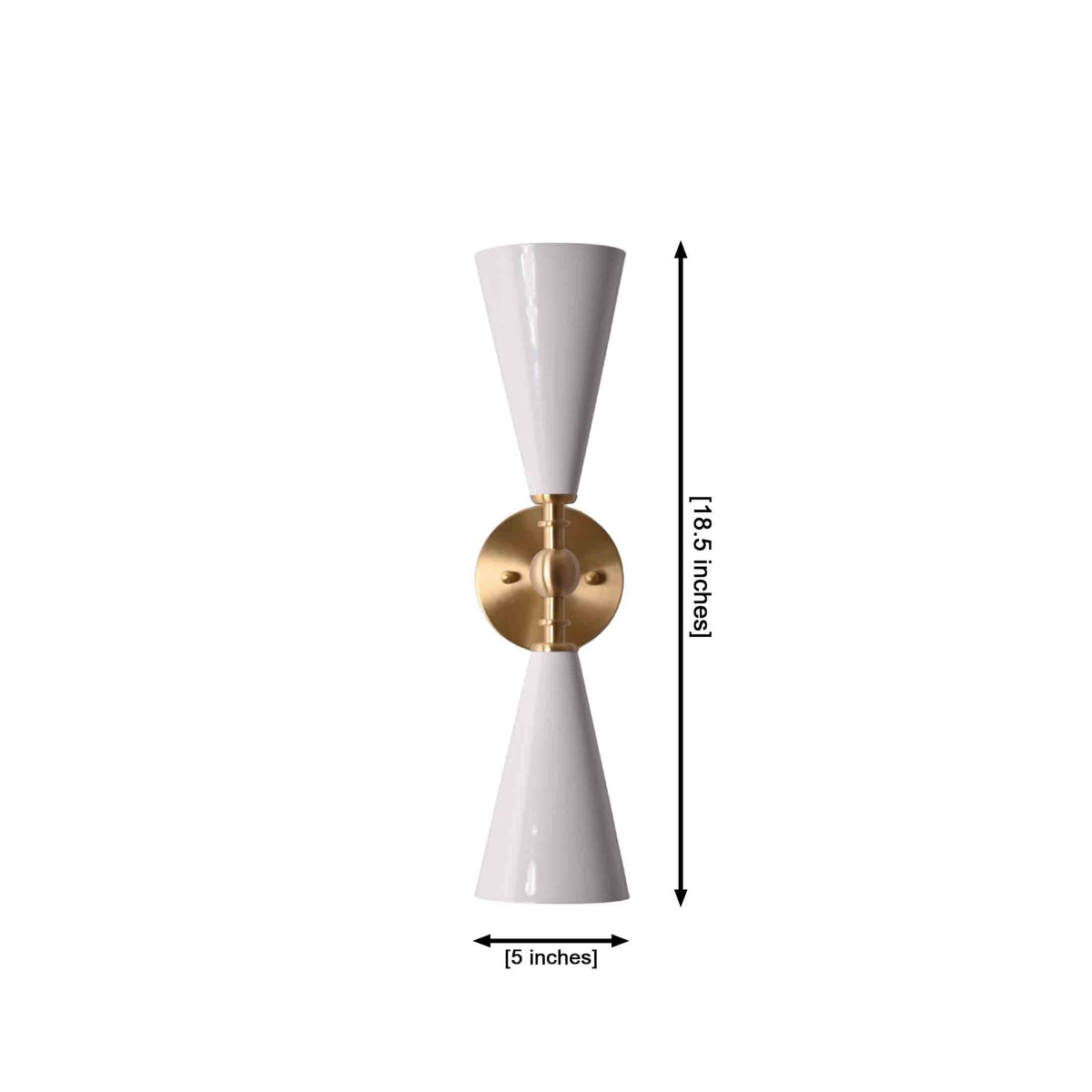 Double cone wall sconce dimension view showing 18.5 inch height and 5 inch shade width
