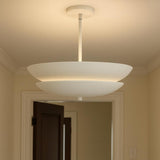 Minimalist white layered bowl ceiling pendant chandelier installed in hallway interior