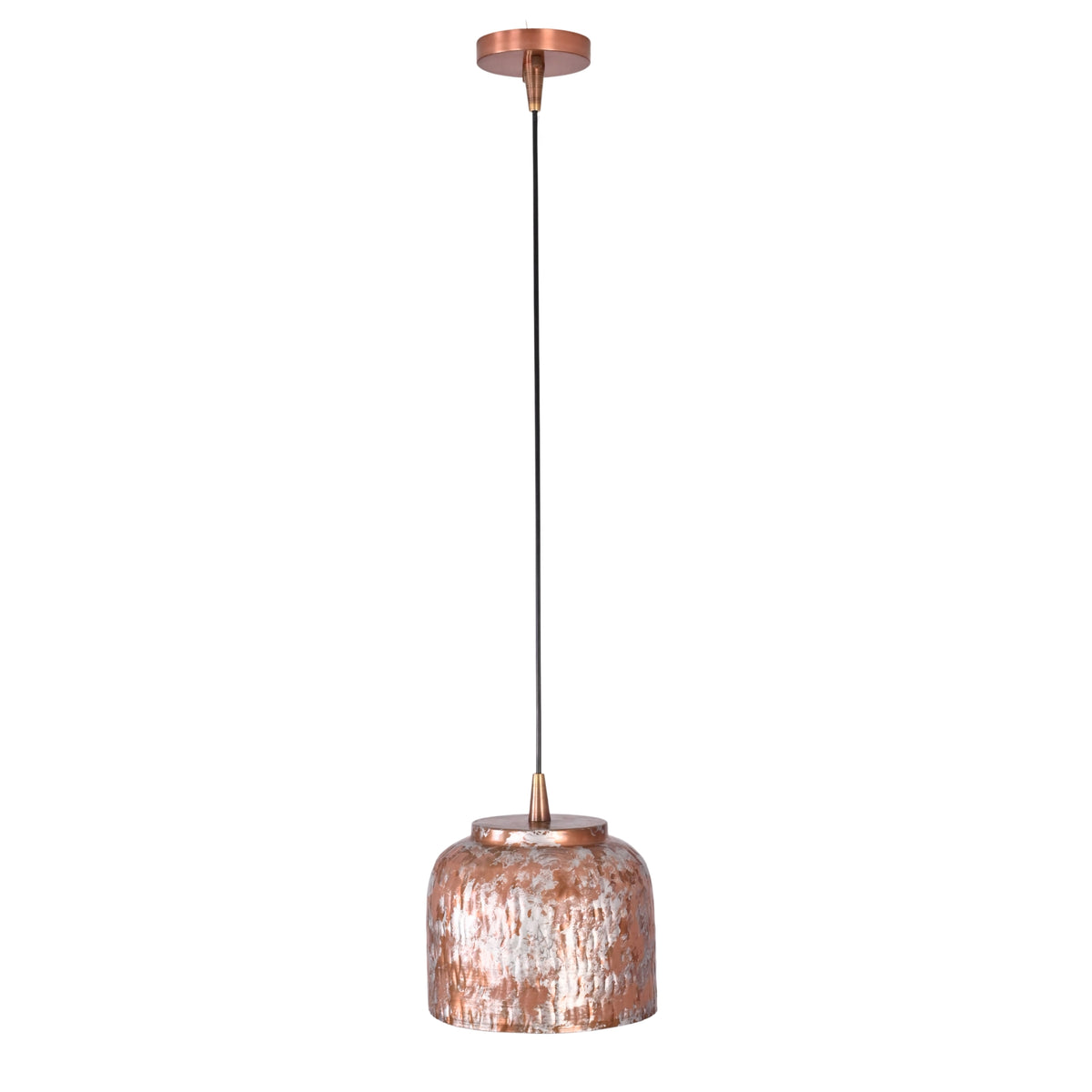Whitewashed copper kitchen pendant light with black suspension cord and compact shade for island lighting