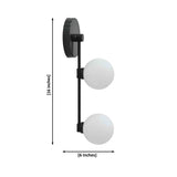 Zurich dual globe wall sconce with two opal glass globes arranged vertically on a slim dark arm and round wall canopy